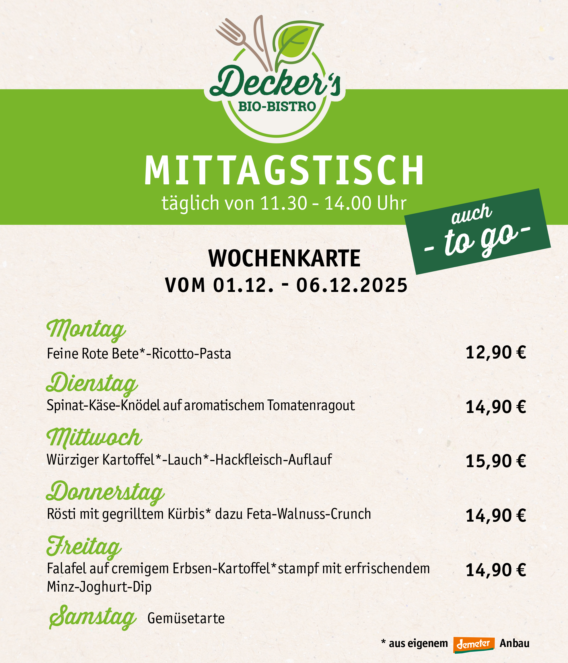 Mittagstisch - Unsere aktuelle Mittagstisch-Karte