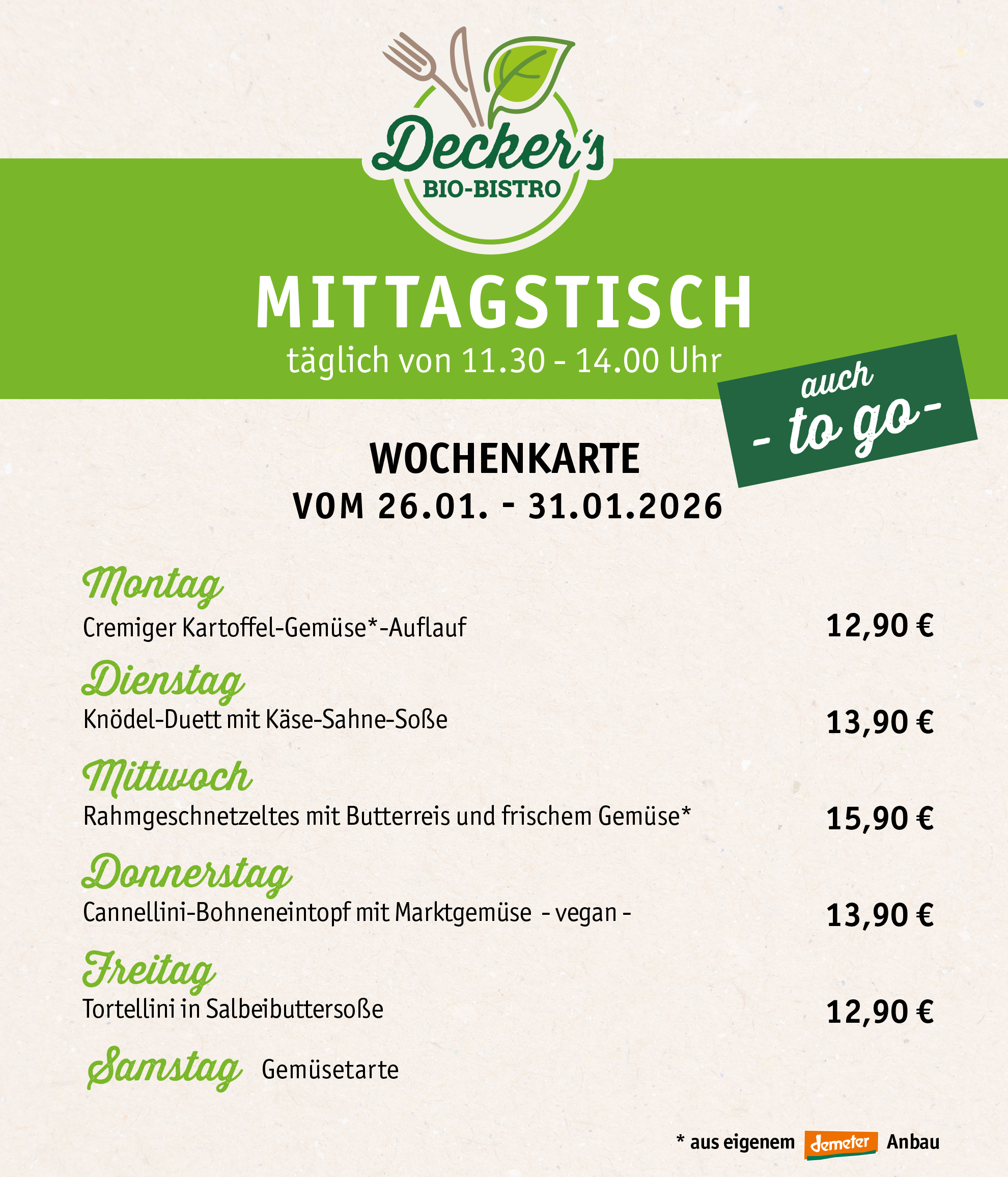 Mittagstisch - Unsere aktuelle Mittagstisch-Karte