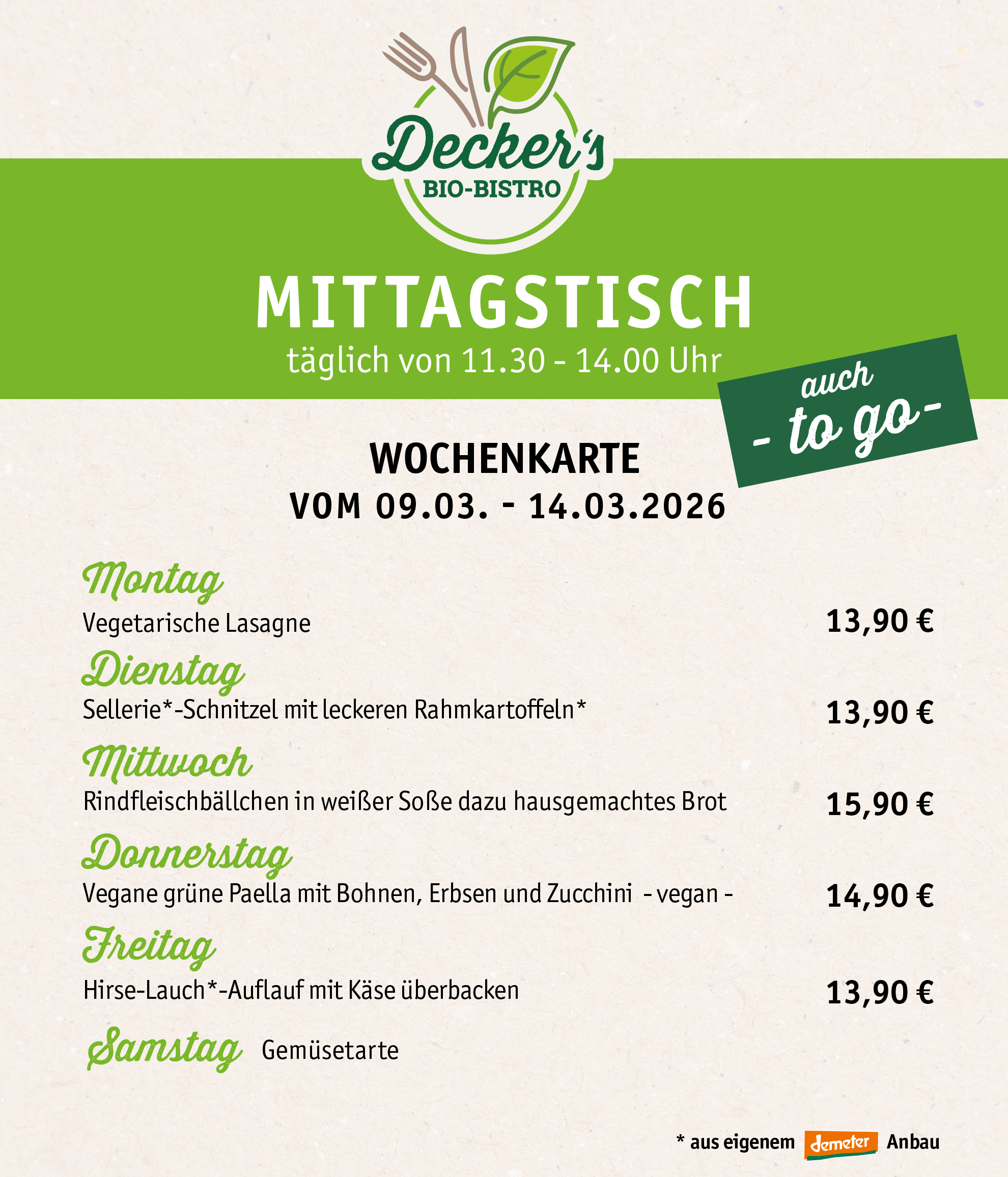 Mittagstisch - Unsere aktuelle Mittagstisch-Karte