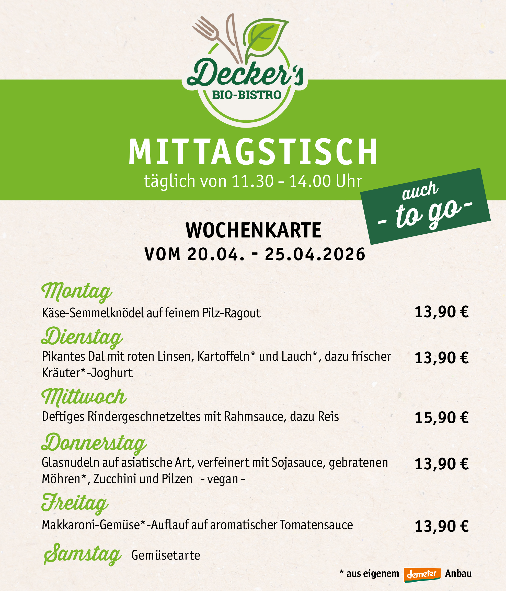 Mittagstisch - Unsere aktuelle Mittagstisch-Karte