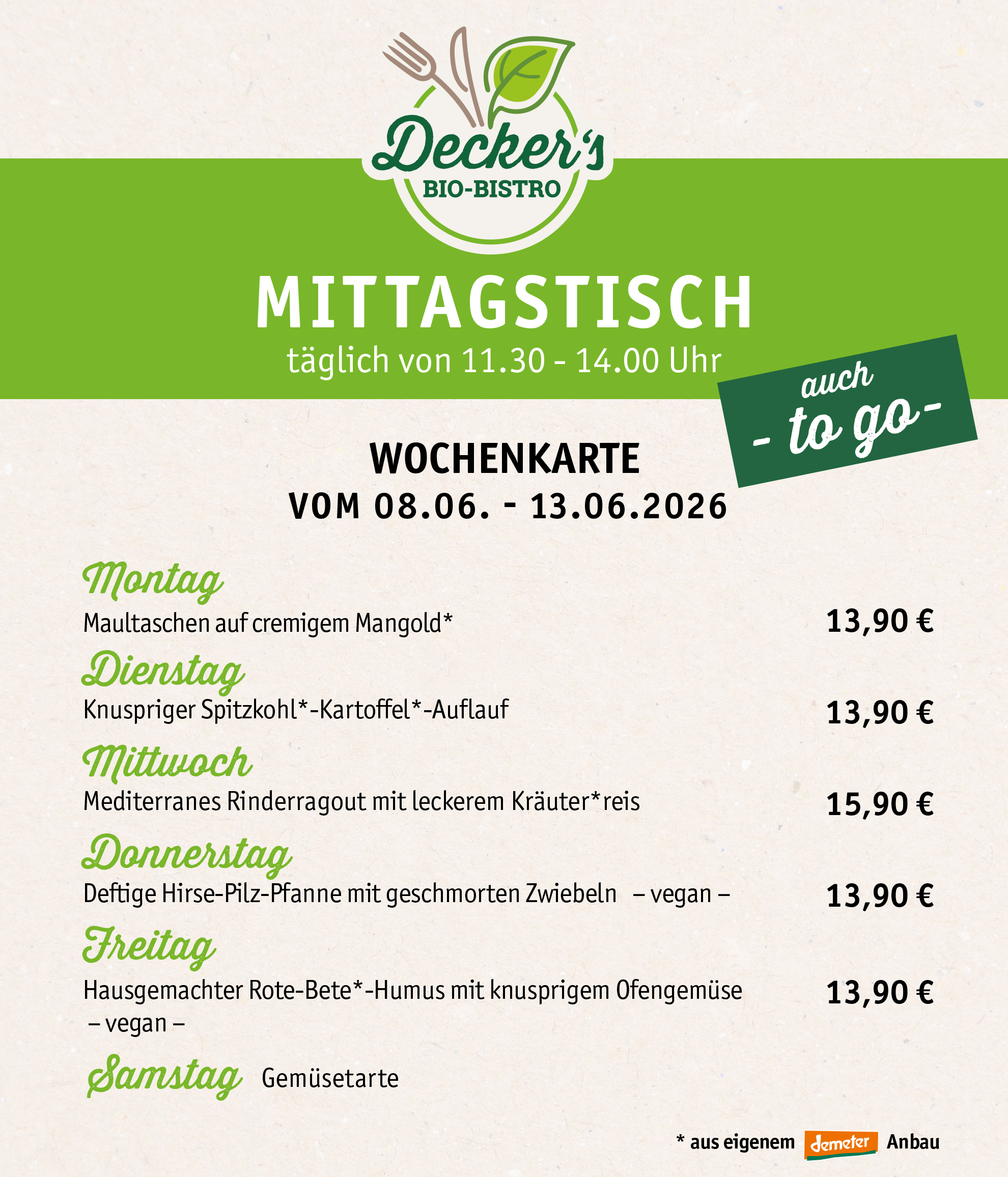 Mittagstisch - Unsere aktuelle Mittagstisch-Karte