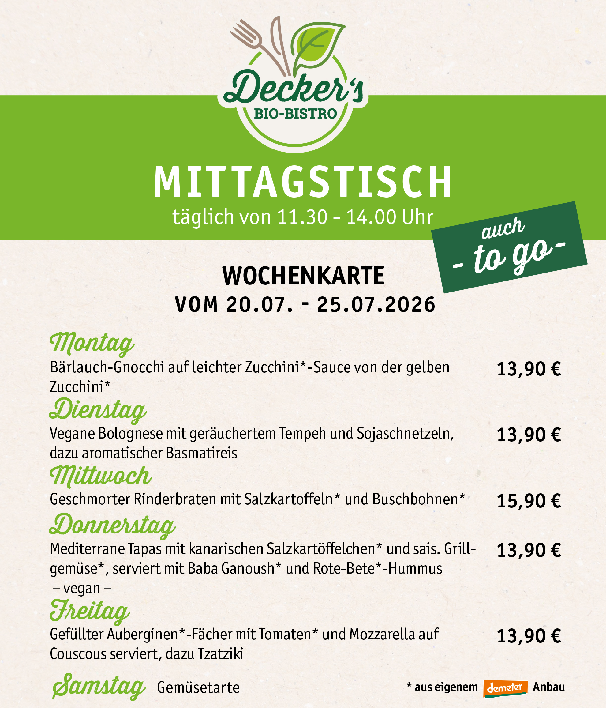 Mittagstisch - Unsere aktuelle Mittagstisch-Karte
