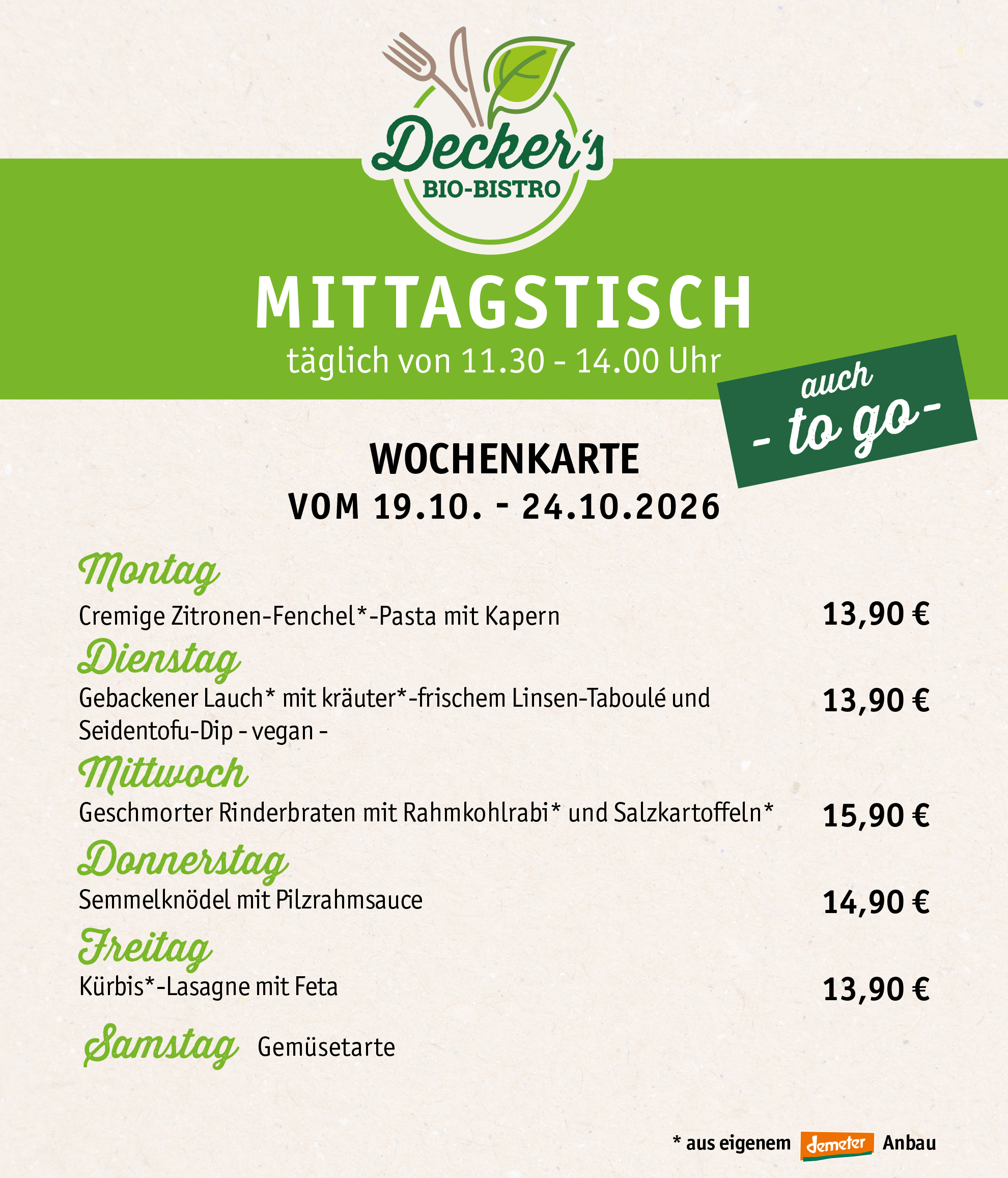 Mittagstisch - Unsere aktuelle Mittagstisch-Karte
